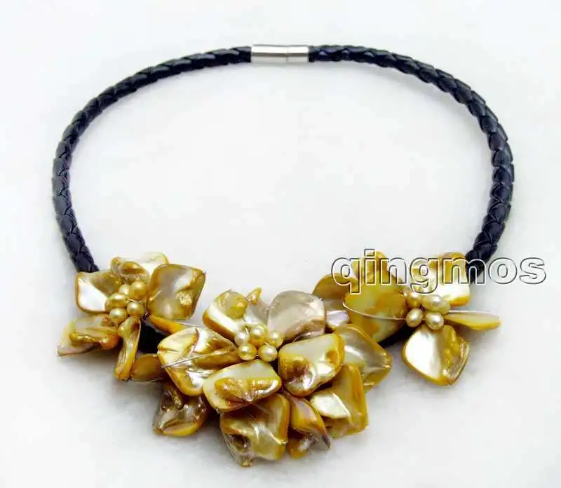 Big 1 piece 70mm and 2 50mm Orange Baroque Shell Flower Natural Pearl pendant Black 6mm Rope 18'' Necklace-nec6336 | Украшения и