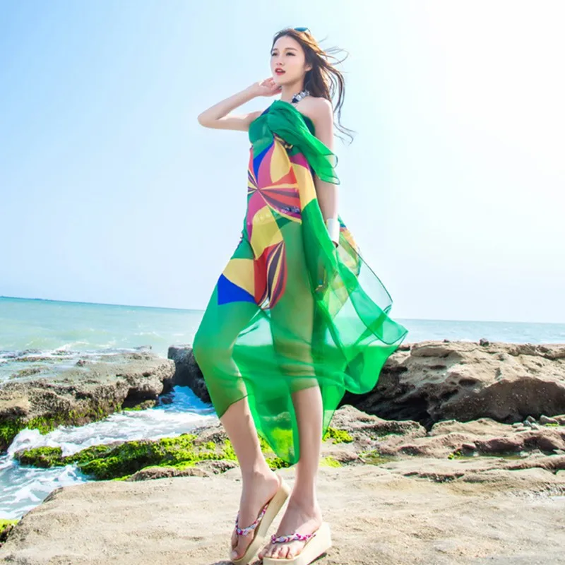 Летние женские пляжные саронги шифоновые шарфы геометрический дизайн купальник