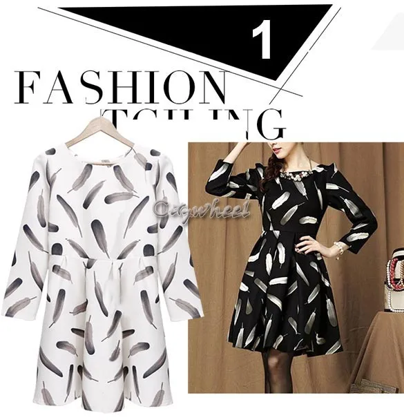 2015 New women autumn and winter fashion temperament waist A-line dress feather print plus size casual dresses 35 | Электроника