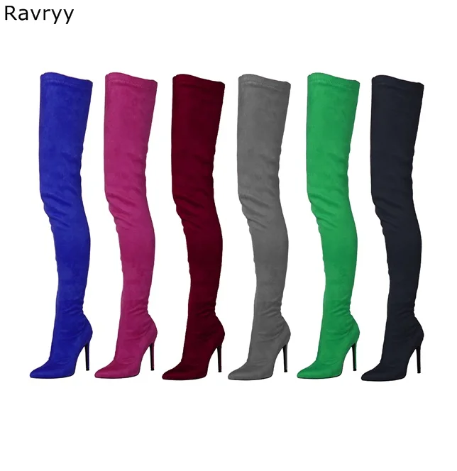 Разноцветные эластичные женские длинные сапоги с острым носком на тонком