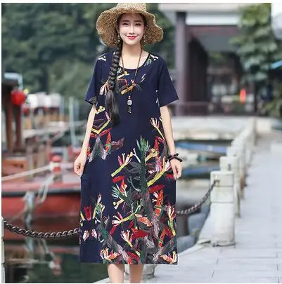 021 Plus Size Women Vintage Dress Summer Autumn Sundress Cotton Linen Vestidos Lady Long Dresses Print Floral Loose Casual Dress - Цвет: 021