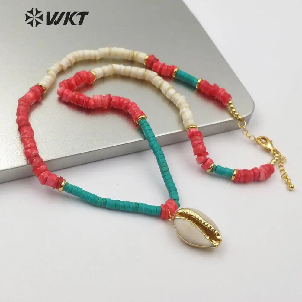 WT-N1160 Cowrie Shell Necklace Multi Color stones Beaded Cowry Pendant Sea Jewelry | Украшения и аксессуары