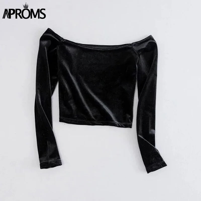 Aproms Элегантный с плеча Velvet Crop Top Для женщин Мода стрейч Майка укороченная женские осенние мягкие майки Tee - Цвет: Black