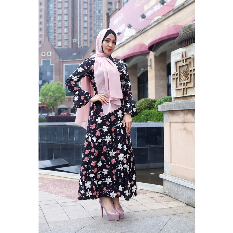 Женская мусульманская одежда Abayas макси платье с длинным рукавом и цветочным