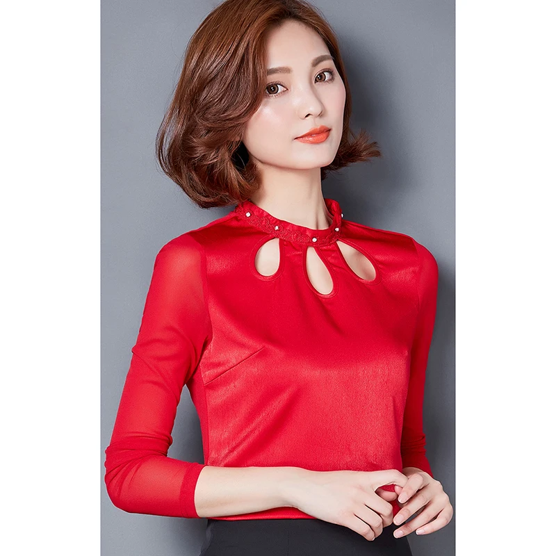 women tops Hollow Out Solid shirt Long Sleeve Fashion Cotton Stand Blusas Mujer De Moda 2017 Autumn Blouse Femme plus size 3XL |