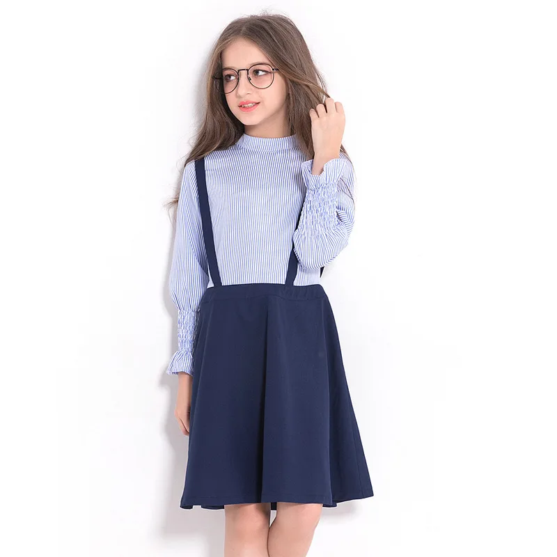 Hot Girl Dress Striped Suspenders For 6-12 Years Kids Petal Sleeve Knee-Length School Dresses England Style Princess | Детская одежда и
