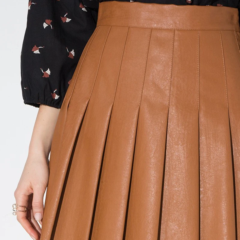 HYH HAOYIHUI Apparel Khaki Ruched Preppy Mini Casual Loose Leather Skirt Women Bottom Spring PU Basic Pleated Elegant | Женская одежда