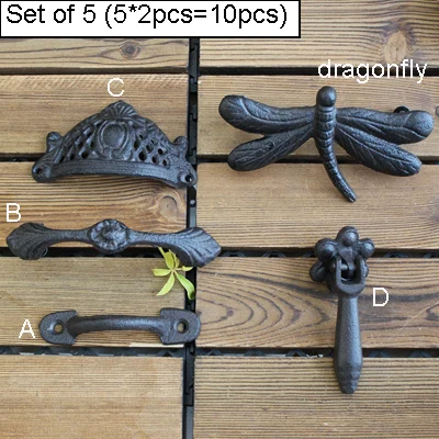Set of 5 Европейский Винтажный Античный Черный домашний декор чугунный Шкаф Тянет стрекоза дизайн дверные ручки пары(пара 2 шт - Цвет: Set of 5
