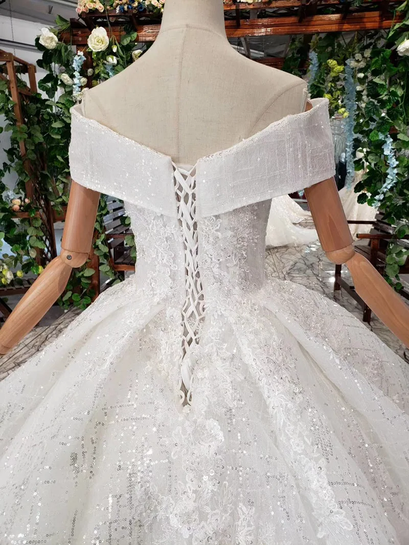 2019 Новое свадебное платье принцессы бальное с открытыми плечами белое кружева