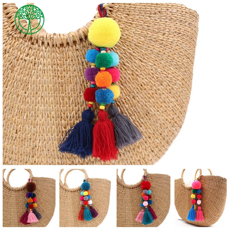 

Bohemian Style Wood Beads KeyChains Pompom Key Ring Bag Hanging Decoration For Women Gift