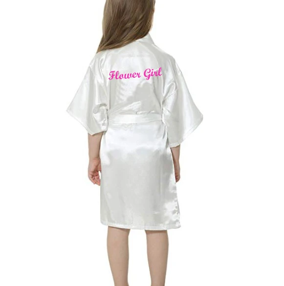 white robe w flower C& Fung/детское атласное кимоно из вискозы, халат с цветком для девочек, ярко-розовый банный халат для свадьбы, дня рождения, платья для мамы и дочки - Цвет: white robe w flower