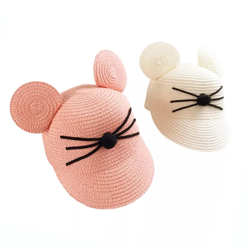 new Summer big ears baby cats hat cute children sunscreen shade sun hat Bucket cap Cartoon image straw hat girl Breathable