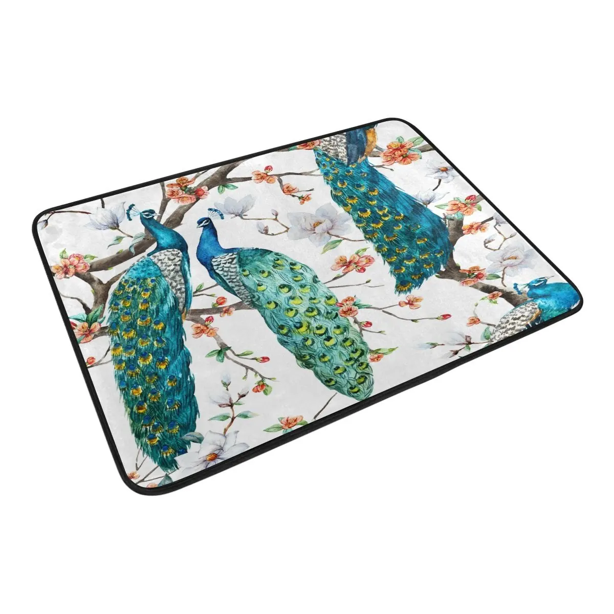 

Watercolor Peacock on Tree White Waterproof Polyester Fabric Shower Curtain with Hooks Doormat Bath Floor Mat Bathroom Home