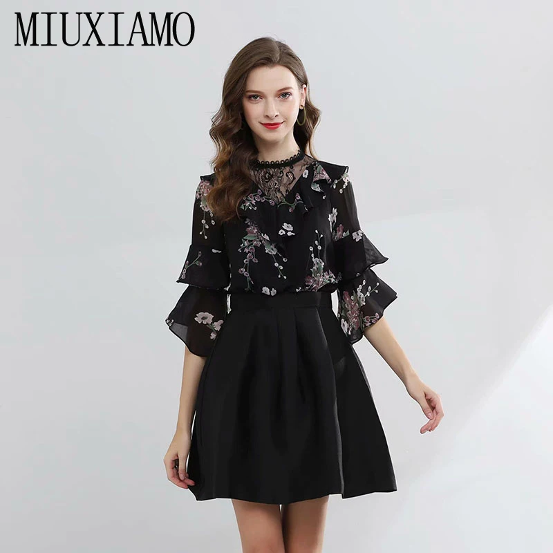MIUXIMAO высокое качество осень мода полный Подиум Повседневное платье Плиссированное складное цветочное винтажное черное элегантное платье Женское vestidos