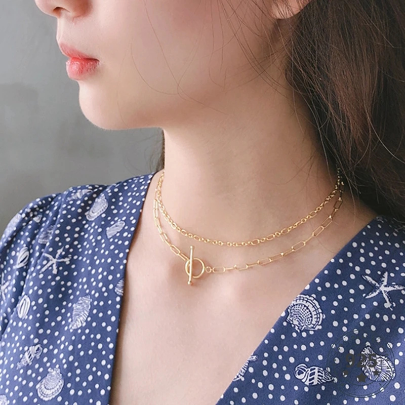LouLeur 925 Sterling Silver Double Chain Necklaces Elegant Charm Gold Party Necklace for Women Girls Fashion Fine Fewelry Gifts