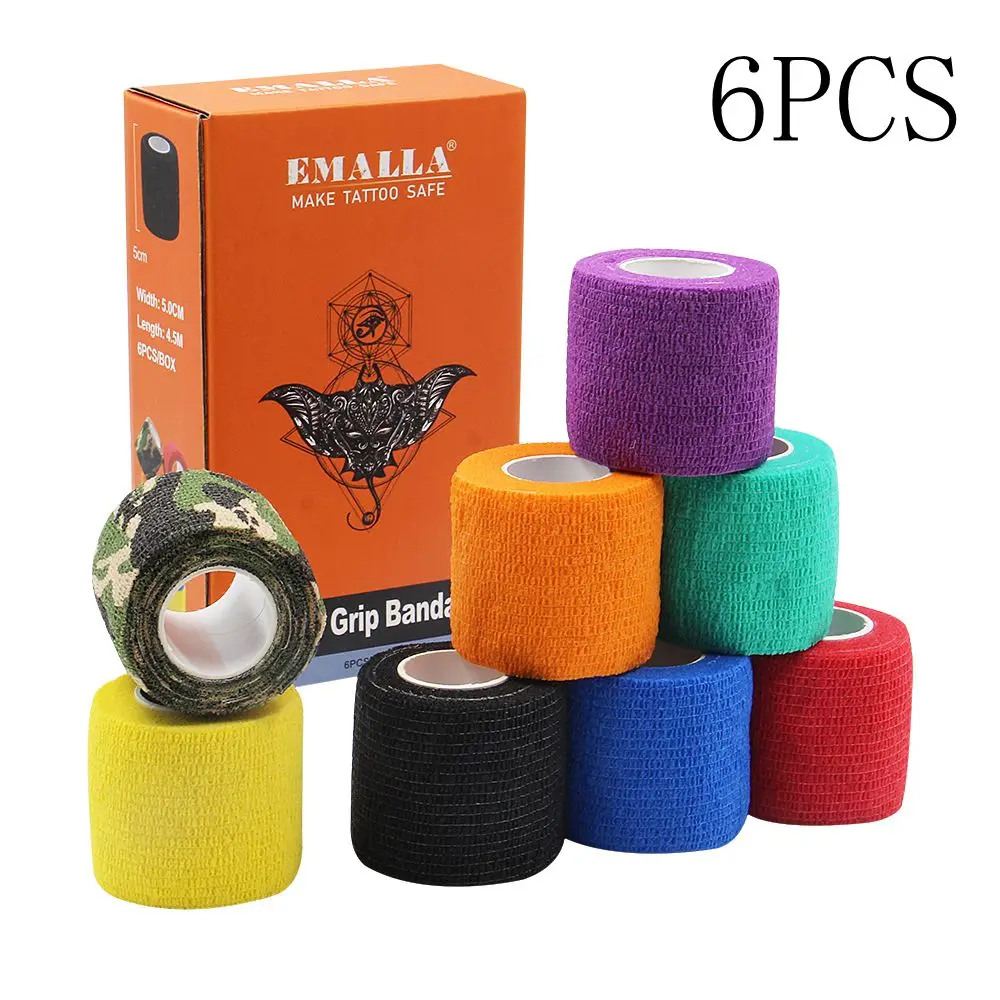 

EMALLA 6pcs Disposable Tattoo Self-adhesive Elastic Bandage for Handle Grip Tube Tattoo Accessories (Random Color Delivery)