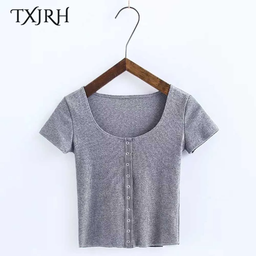 TXJRH модная однобортная футболка с круглым вырезом и коротким рукавом сексуальная