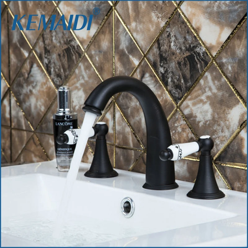 

KEMAIDI Deck Mounted Bathtub Torneira Oil Rubbed Bronze 3 Pieces Double Handles 97115 Bathroom Basin Sink Brass Faucet,Mixer Tap