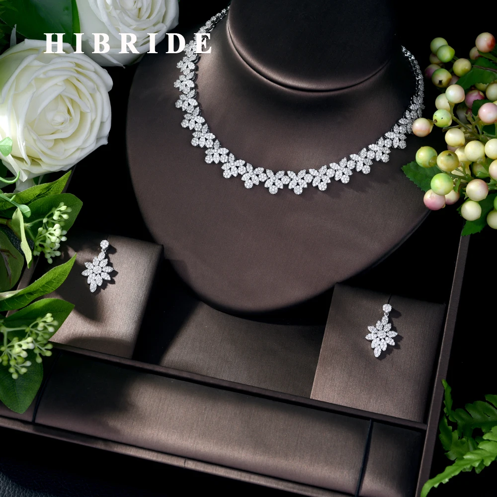 

HIBRIDE New Sparking Leaf Design Jewelry Sets With High Quality AAA Cubic Zircon Pave 2pcs Bridal Stone Women Jewelry Set N-381