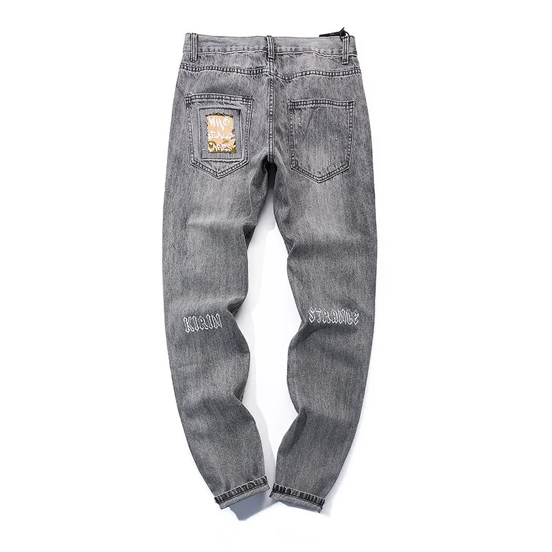 

Men Gray Jeans Hole in the Knee Jeans 2019 Vintage Biker Jogger Distressed Hole Baggy Denim Slim Fit Casual Pants