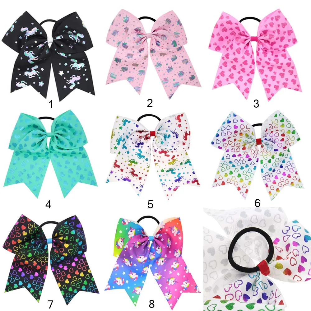 

ncmama 7'' Printed Cheer Bows for Girls Ponytail Holder Elastic Band Grosgrain Ribbon Valentine's Day Hair Accessories