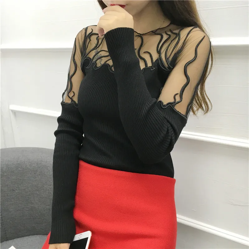 Dingaozlz Sexy Slim long-sleeved Pullovers shirt female Gauze Lace stitching Knitted Sweater Fashion Women sweater | Женская одежда