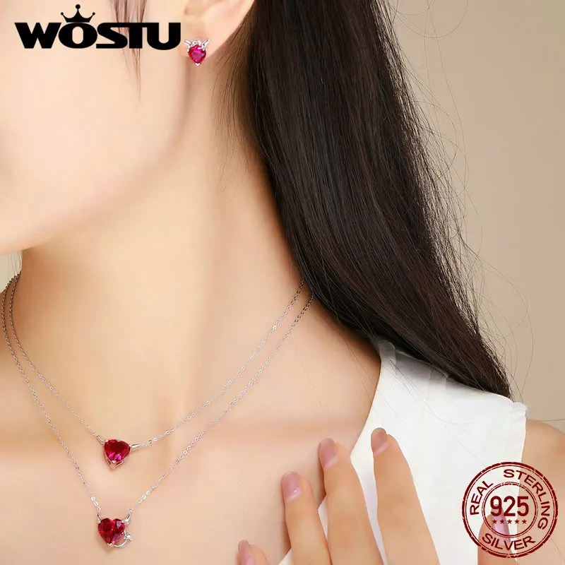 WOSTU Authentic 925 Sterling Silver Luxury Angel&ampDemon Crystal Pendant Necklaces For Girl Women 2020 New Fashion Jewelry DXN285 |