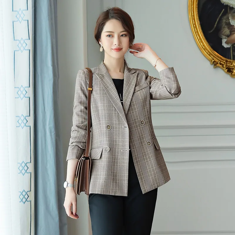 

Spring autumn new British wind Office lady fashion double-breasted Blazers suits Professional wear woman Plaid suit jacket femal