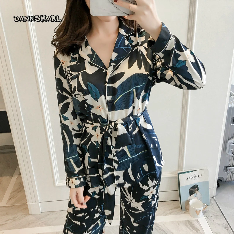 2018 Осенняя Шелковая пижама женская зимняя рубашка с длинными рукавами из