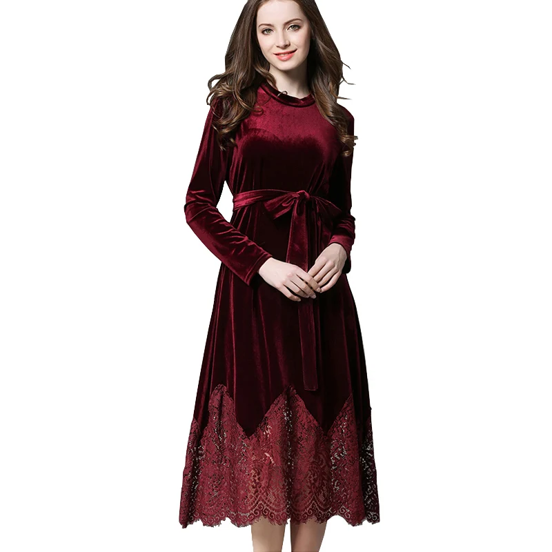 Весенне-осеннее велюровое платье для женщин с длинным рукавом и поясом кружевное