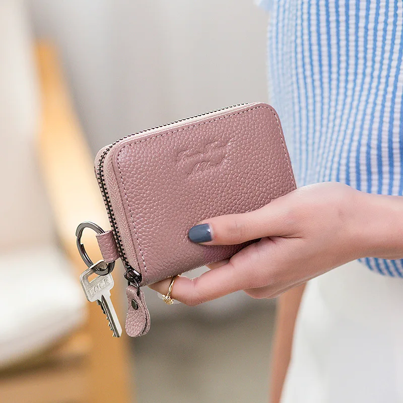 LAUWOO Genuine Leather Women Card Holder Wallet Credit slots wallets with key rings Female Coin Purses Shor Purse ANS | Багаж и сумки