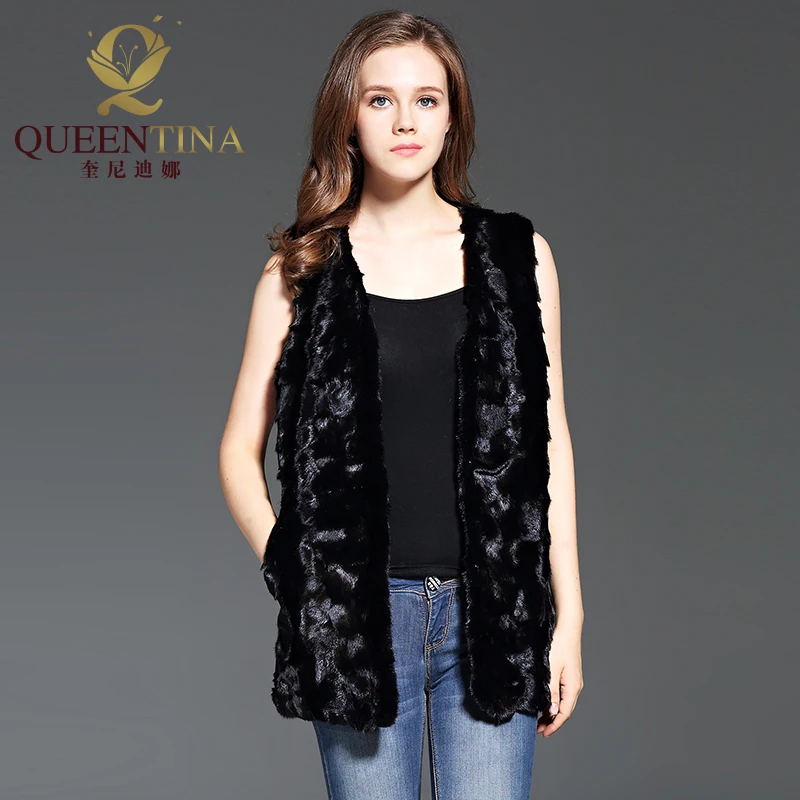100% натуральный мех норки жилет высокого качества Модная тонкая черная длинная