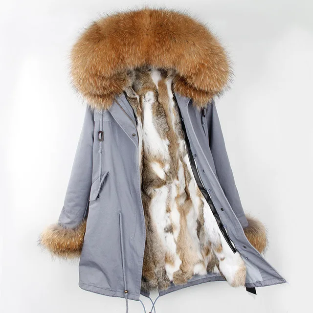 long OFTBUY, новинка, парка, натуральный мех, пальто, зимняя куртка для женщин, натуральный мех енота, воротник, теплый, толстый, мех кролика, подкладка, парки, отстегивающиеся - Цвет: long
