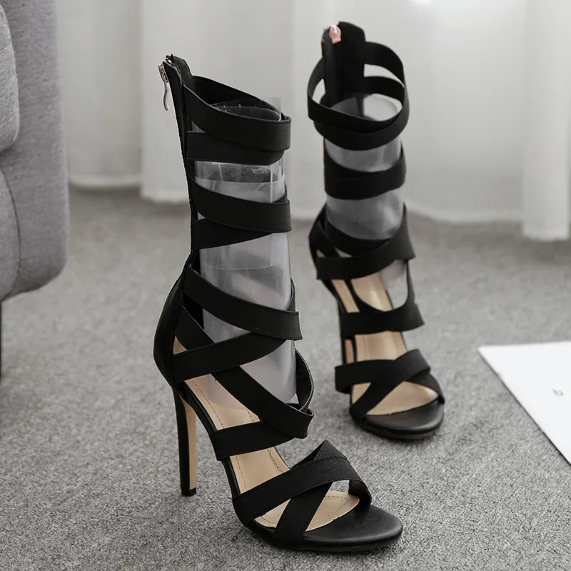 

XDA Summer Classic PU sandal Solid Zip Hollow Out Mid-Calf shoes Round head sexy Sandal Thin Heels Pumps Black Sandals D323