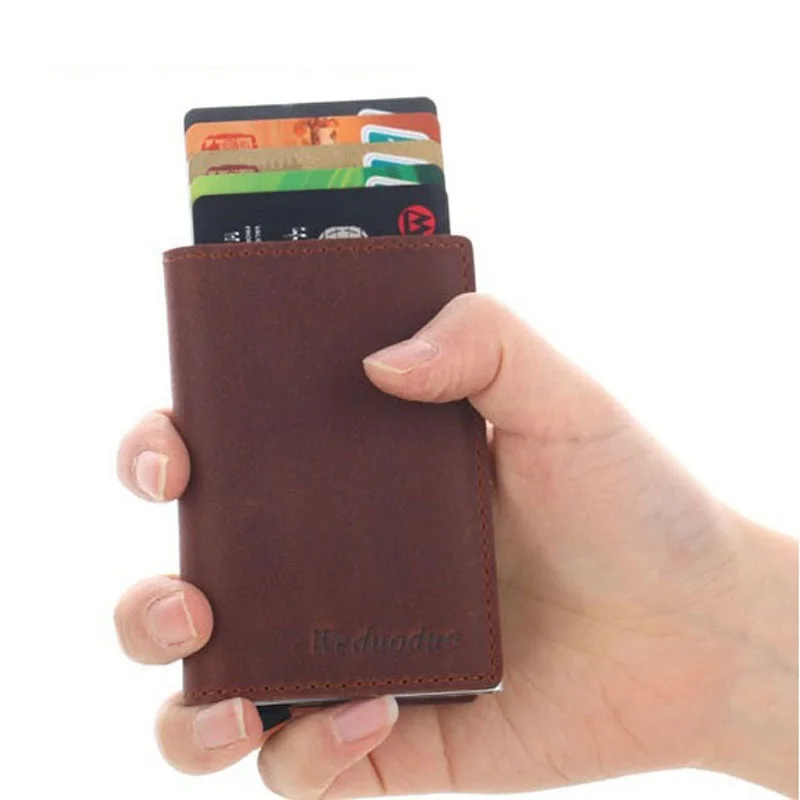 Мужской держатель для карт из натуральной кожи RFID металлический кредитный держатель для карт Противоугонный мужской кошелек автоматический всплывающий Чехол для карт