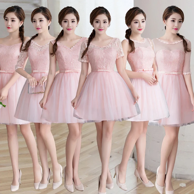 Недорогие розовые платья до колен для подружек невесты кружевное короткое
