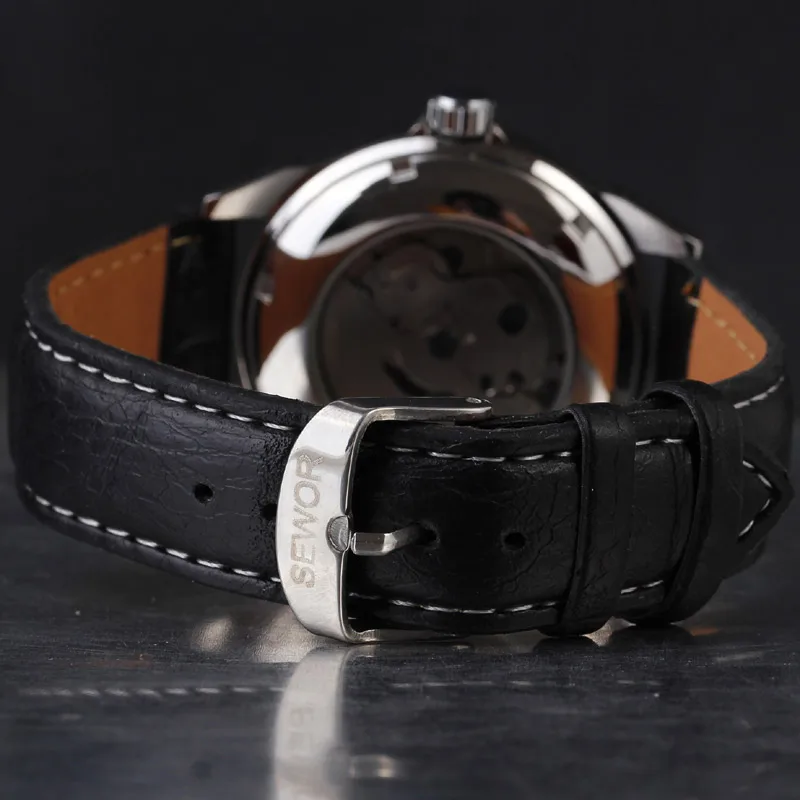 Мужские наручные часы Sewor Классические Автоматические механические с кожаным