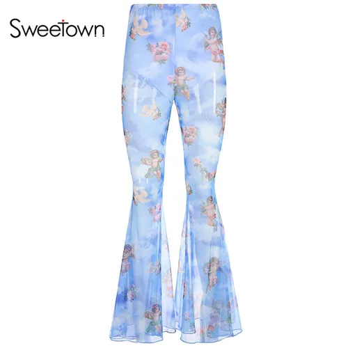 blue Sweetown Angel Print Kawaii сетчатые прозрачные сексуальные Boho штаны с высокой талией женские двухслойные высокие расклешенные брюки летние - Цвет: blue