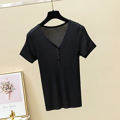 black tshirt Shintimes, летняя повседневная трикотажная футболка на пуговицах, женская футболка с коротким рукавом, одноцветная футболка, сексуальные топы с v-образным вырезом, 6 цветов, женская футболка - Цвет: black tshirt