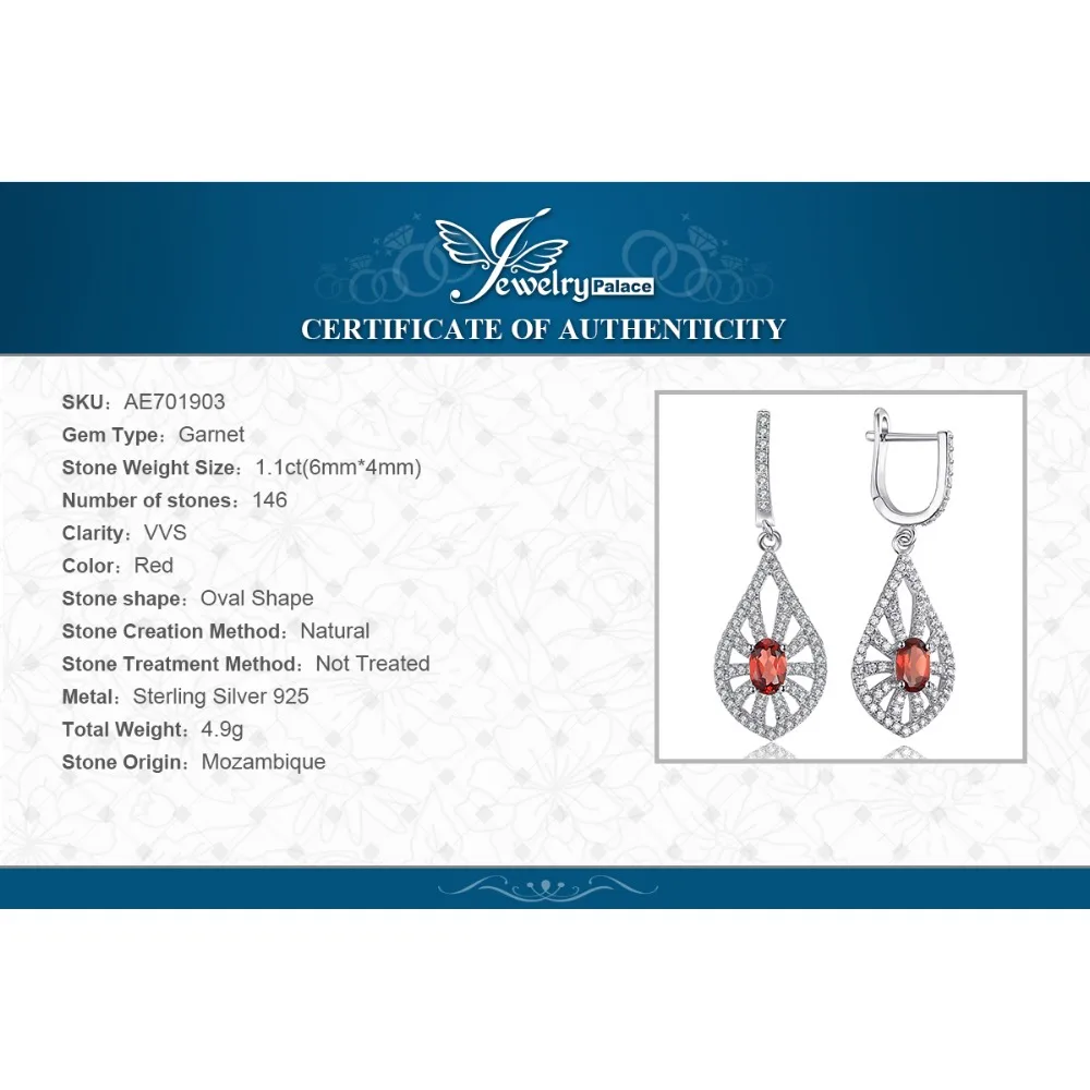JewelryPalace резные 1.8ct Подлинная Гранат Серьги 925 пробы серебро свадебные украшения