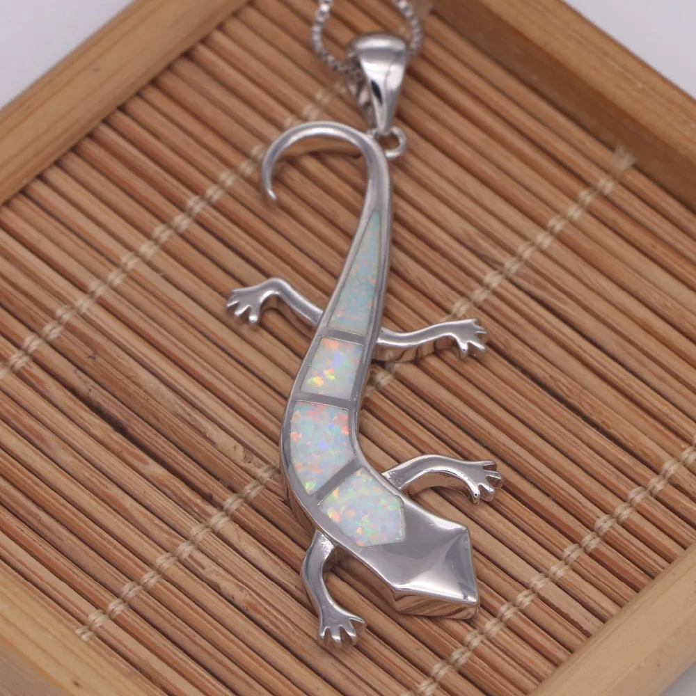 JZP0099 New Design White Fire Opal Cute Gecko Silver Plated Pendant & Necklace Wholesale Fashion Jewelry