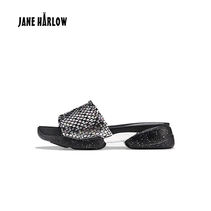 Джейн HARLOW Мода 2019 новый черный женская обувь роскошные женские шлёпанцы для