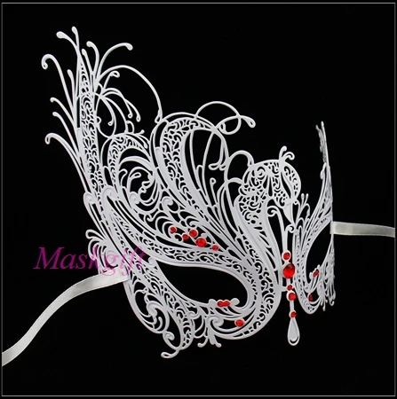 Белая металлическая Лазерная маска для Хэллоуина с красными стразами MF001 RWT