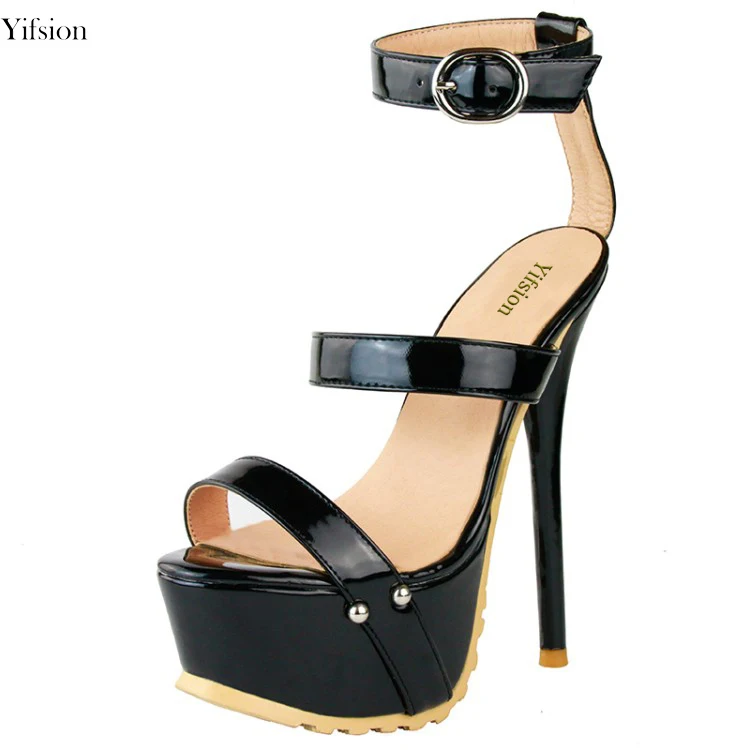 

Olomm Hot Women Platform Sandals Sexy Buckle Strap Thin High Heels Sandals Open Toe Black Prom Shoes Women US Plus Size 4-15