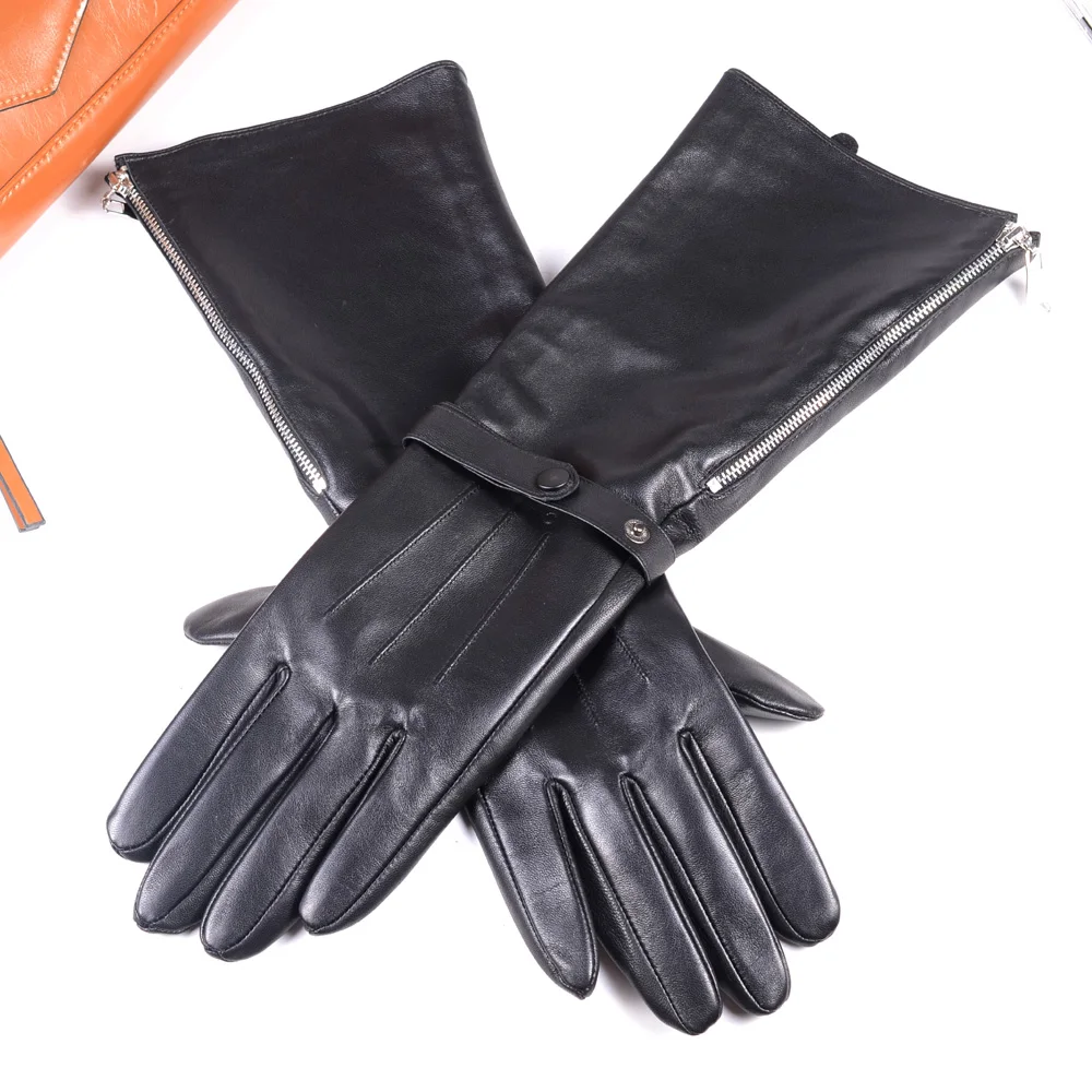 40cm Men's Black Sheepskin Real Leather Medieval Renaissance Long Cuff  Zipper Knight Gauntlet Elbow Long Gloves