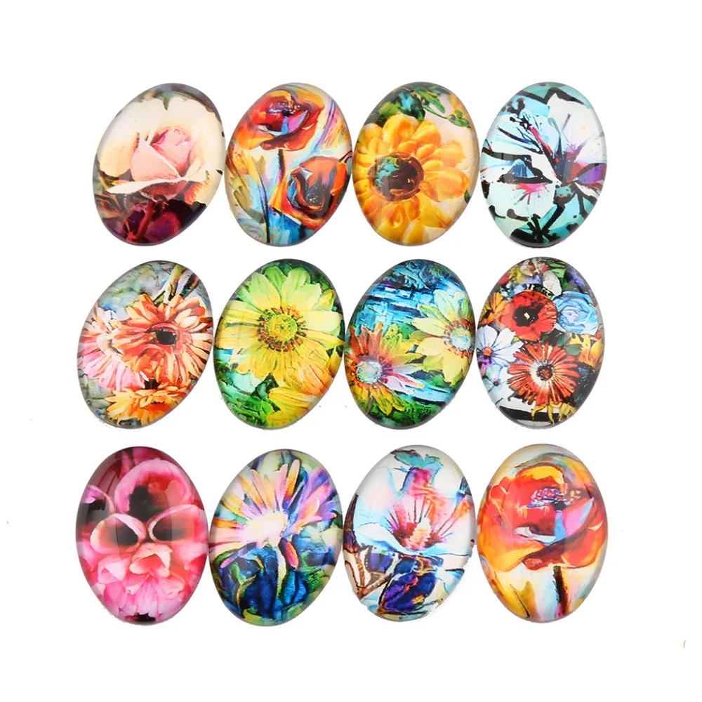 

reidgaller mix colorful flower pattern photo oval glass cabochon 30x40mm 18x25mm 13x18mm diy jewelry findings accessories