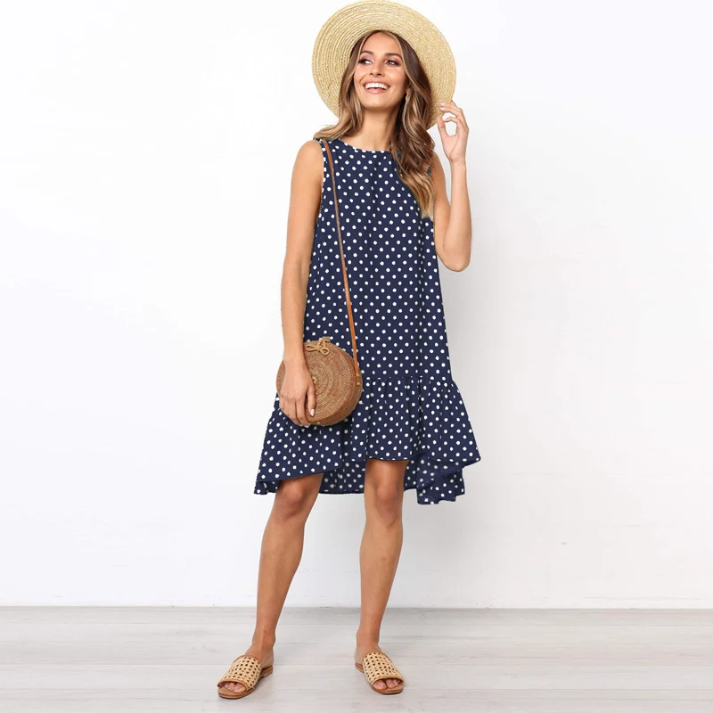 NavyBlue Vestidos, сексуальное ДРАПИРОВАННОЕ женское платье, новинка, летнее, без рукавов, повседневное, ТРАПЕЦИЕВИДНОЕ, свободное, в горошек, с принтом, Пляжное, короткое, мини, сарафан - Цвет: NavyBlue