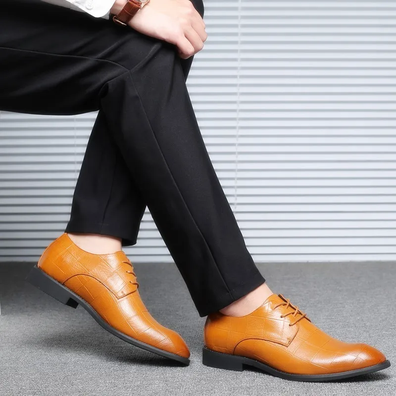 M-anxiu Fashion Plaid Pattern Leather Derbies Shoes Men Pointed Toe Lace Up Business Formal Dress Black Gray Brown | Обувь