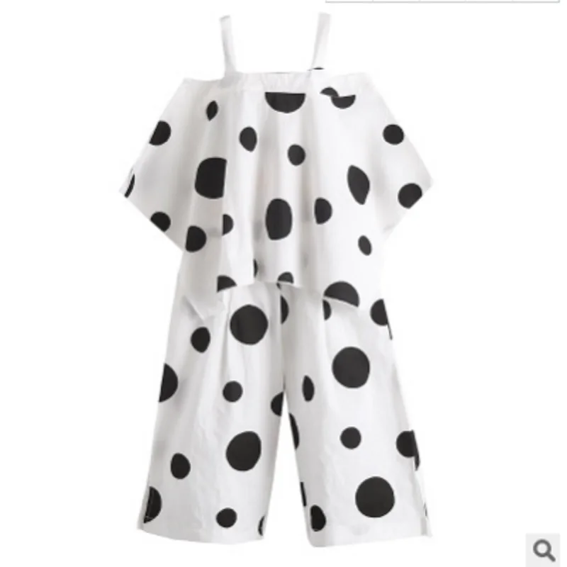 

Children 's Knee Length Pant Clothing Set 2021 Summer Girls Suspender Dot White Color 2 piece Kids Clothes Sets Size4-14 ly322