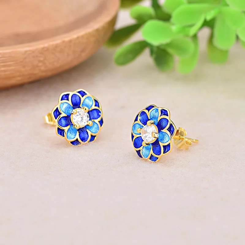 Женские серьги гвоздики с эмалью Cloisonne серебро 925 пробы эмалированные цветком и
